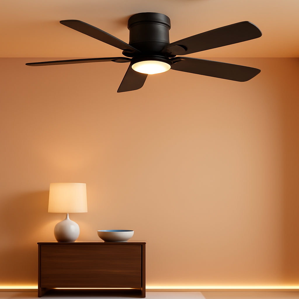 42 Inch Black Flush Mount Ceiling Fan Dimmable LED Remote