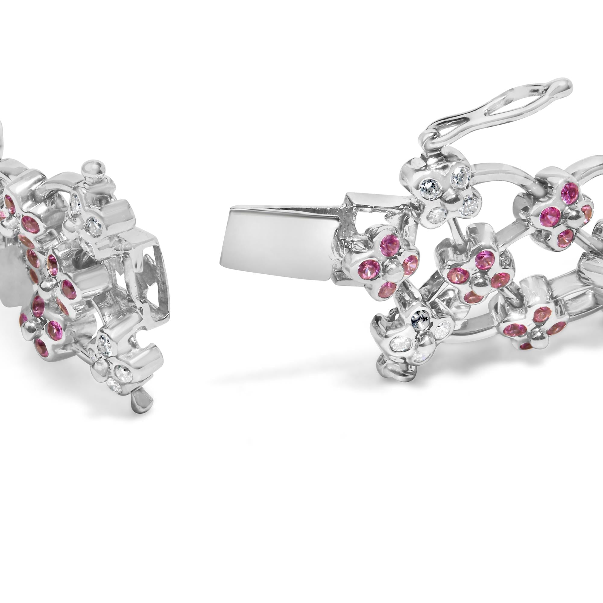 14K White Gold Pink Sapphire and Diamond Floral Lattice Link Bracelet - 7.25" Inches