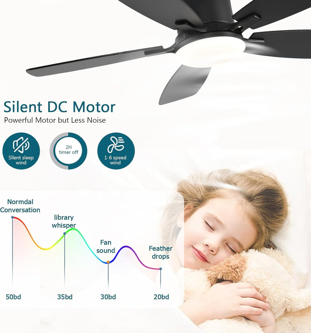 42 Inch Black Flush Mount Ceiling Fan Dimmable LED Remote
