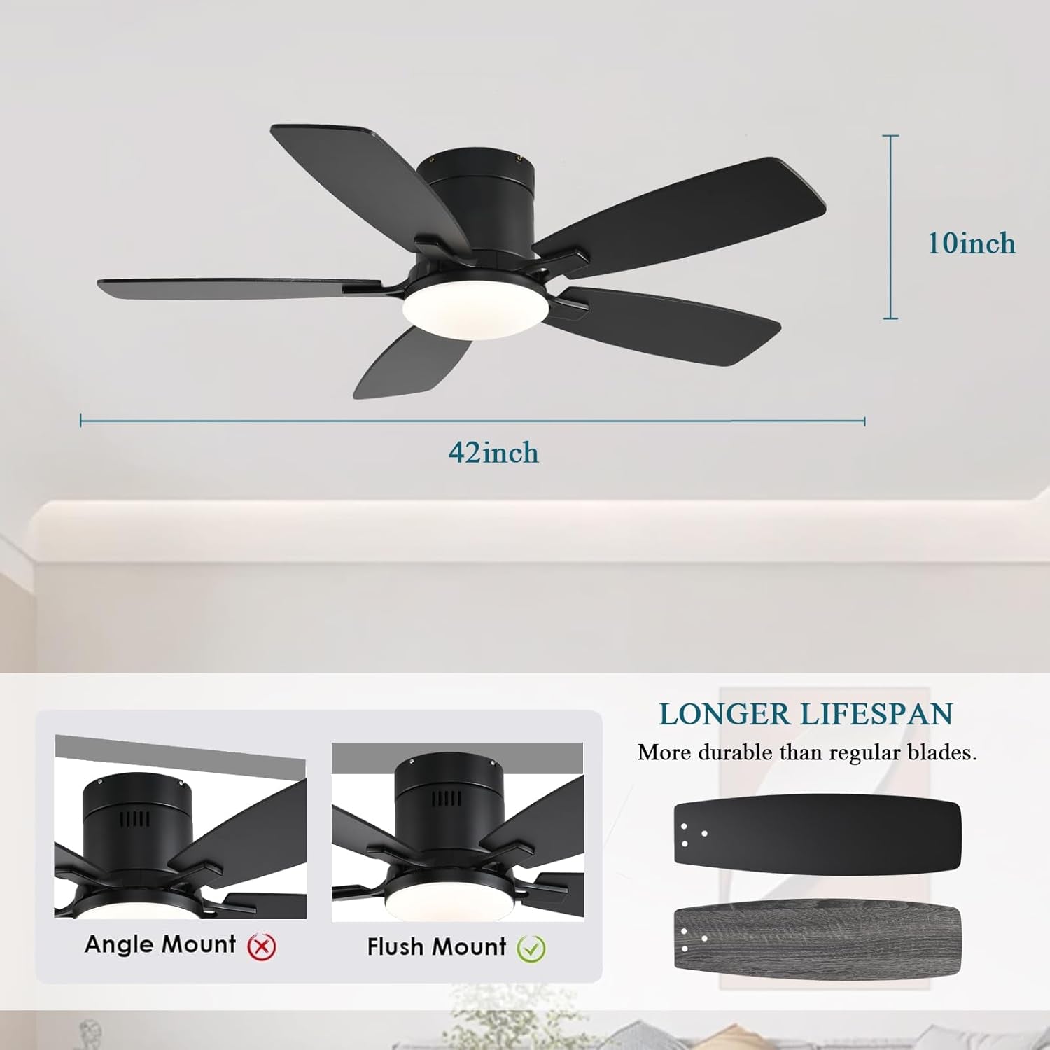 42 Inch Black Flush Mount Ceiling Fan Dimmable LED Remote