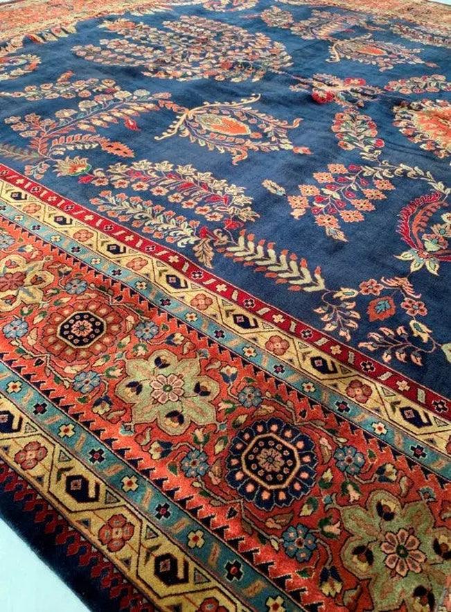Canvello Navy Blue Persain Hand Knotted Sarouk Design 12' X 18'