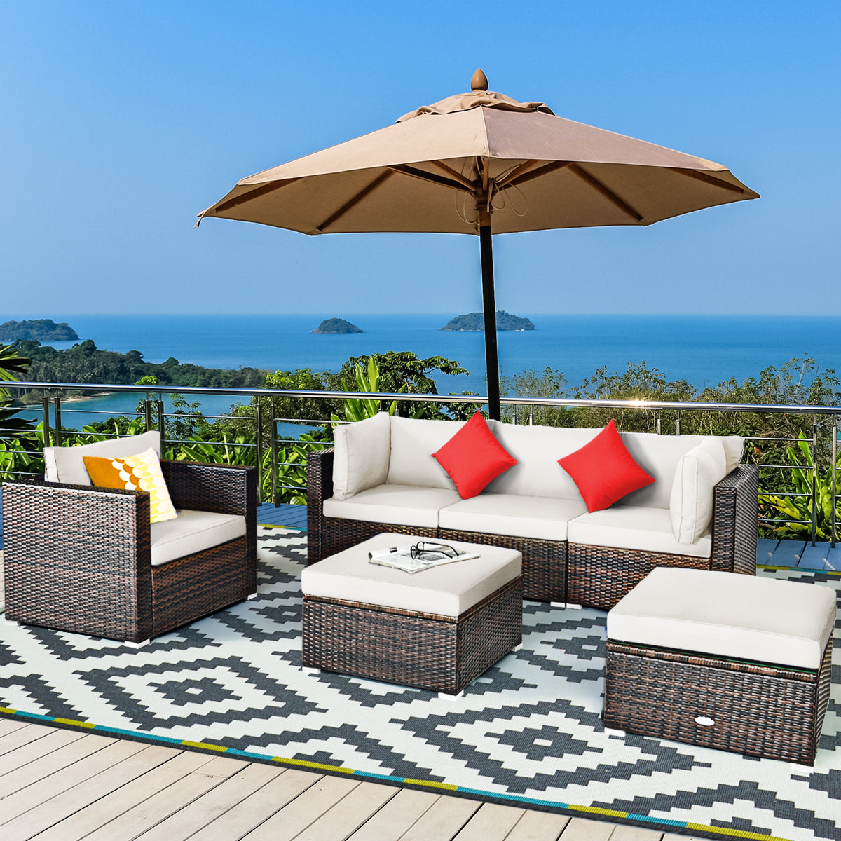 NNECW 6 Pieces Patio Rattan Sectional Furniture Set with Seat Cushion for Backyard