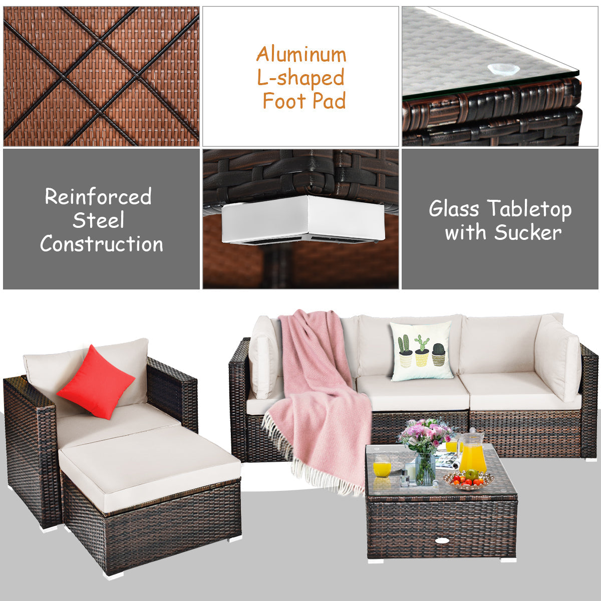 NNECW 6 Pieces Patio Rattan Sectional Furniture Set with Seat Cushion for Backyard