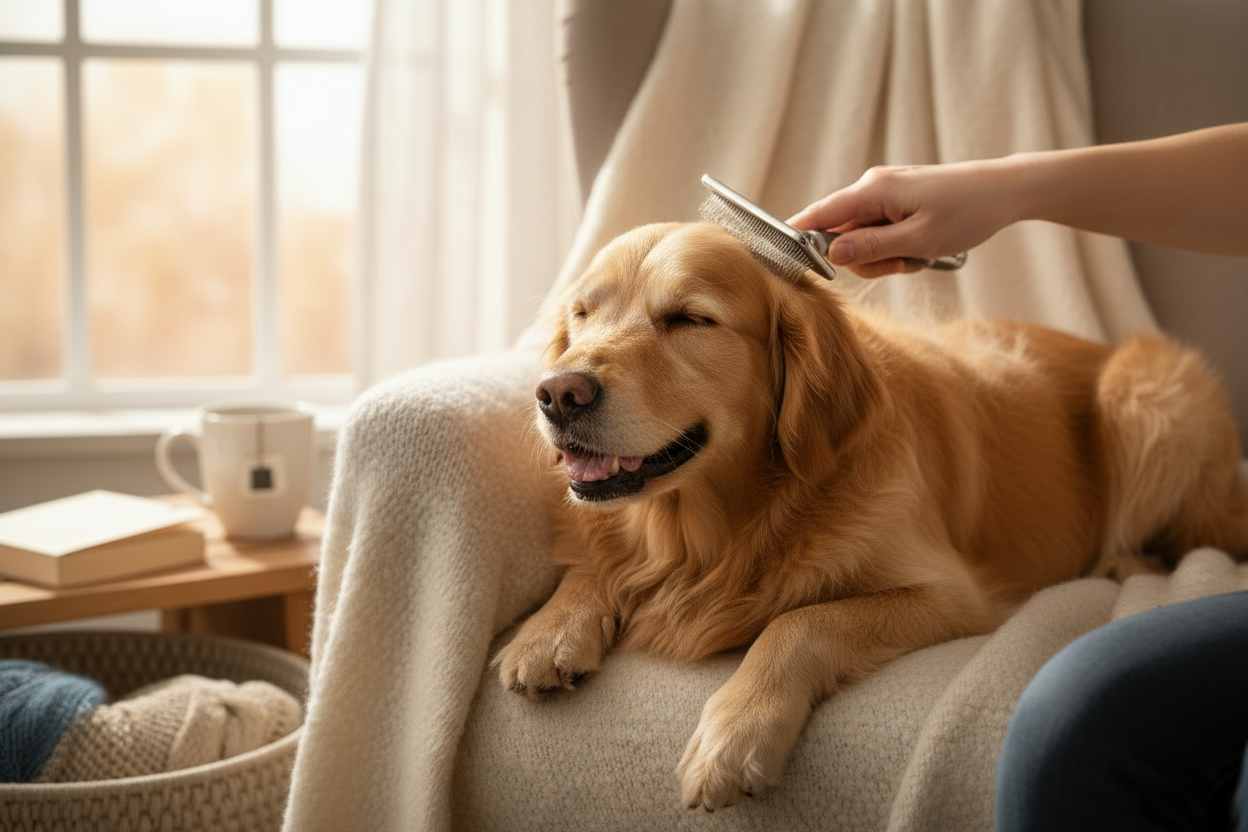 Golden retriever being gently groomed with soft bristle slicker brush